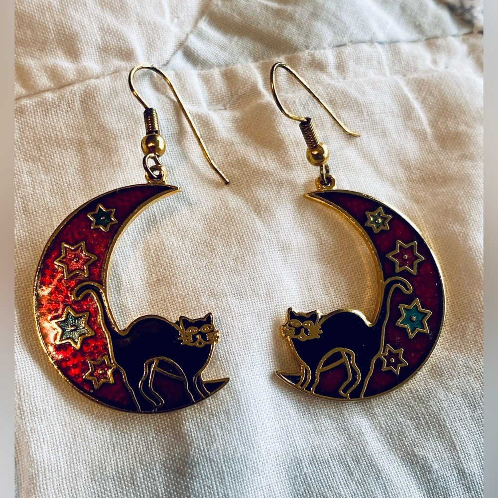 VINTAGE STEFANO Cat on a Moon Cloisonné earrings